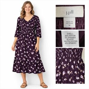 J. Jill Boho Smocked Midi Dress Women Medium Floral V-Neck Tiered Flounced-Hem